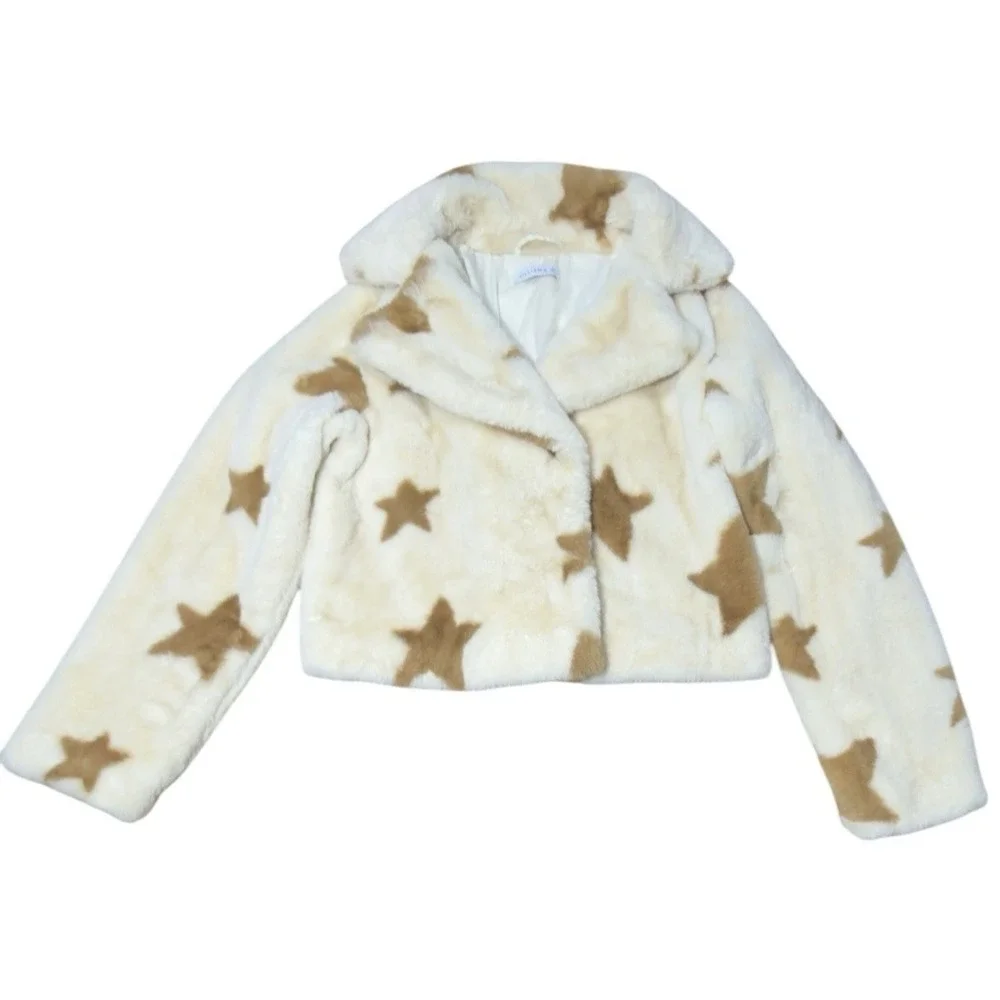 William B. Star Faux Fur‎ Jacket Small Cropped Cozy Teddy Beige Stars